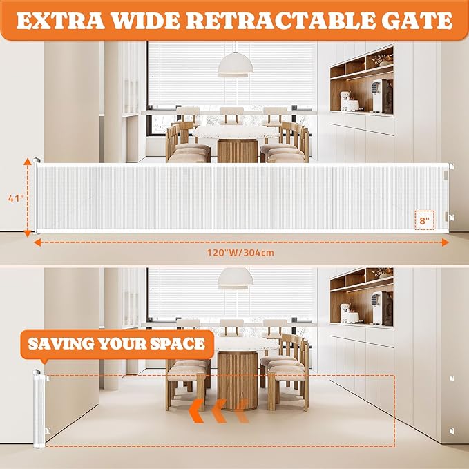 Pawtners Retractable Baby Gates Extra Wide, 41" Tall Extends up to 120" Wide, Dog Gate Indoor with Cat Door for Stairs, Pet Gate with Support Rods for Doorways Hallways Indoor & Outdoor-White