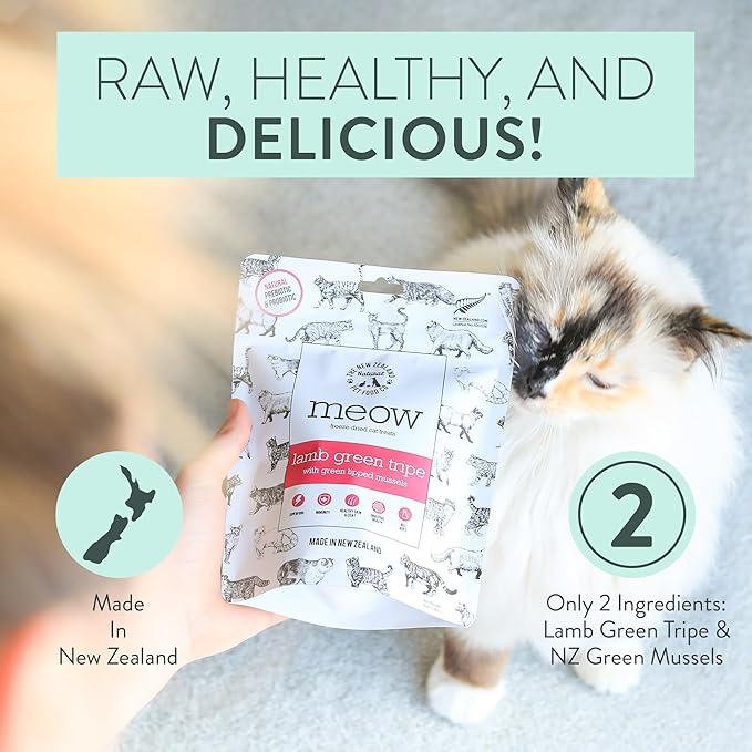 The New Zealand Natural Pet Food Co MEOW Freeze Dried Cat Treats - Lamb Green Tripe with New Zealand Green Mussel, High Protein, Healthy Cat Snacks and Toppers, All Natural for all Life Stages, 1.4 oz