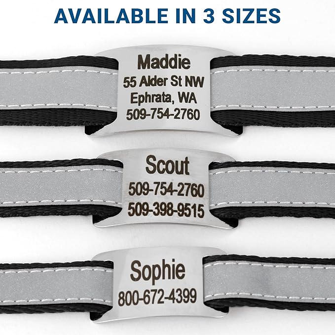 GoTags Reflective Personalized Dog Collar with Nameplate, Adjustable Dog Collar with Custom Engraved Steel Slide On Pet ID Tag, Silent, No Noise Dog Tag for Large Medium or Small (Black, Large)