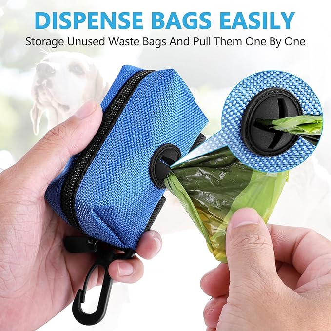 Dog Waste Bag Dispenser Pet Poop Bags Holder for Doggie Waste Bags Dispensers Soft Fabric Zipper Small Doggy Puppy Pouch for Leash Accessory Attachment with Carrier,Blue