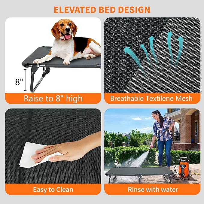 Dog Elevated Bed Foldable Portable Raised Bed Camping cot Outdoor Summer Dog Bed (Medium, Grey-Textilene)