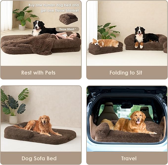 EHEYCIGA Foldable XL Dog Bed, Faux Fur Fluffy Pet Couch Bed for Large Dogs, Orthopedic Calming Memory Foam Big Pet Bed, Washable Soft Pet Sofa Bed with Non-Slip Bottom, Brown, 46"x34"x6.5"