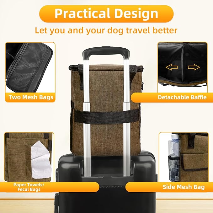 Dog Travel Bag for Camping - Pet Travel Accessories with 2 Collapsible Bowls, 2 Food Containers & Waterproof Feeding Mat - Portable Dog Carrier, Coffee (Small)