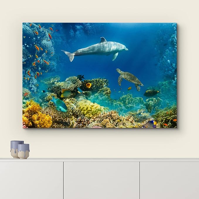 wall26 Canvas Print Wall Art Tropical Ocean Underwater Dolphin Coral Reef Nature Animals Photography Realism Rustic Scenic Landscape Wilderness Colorful for Living Room, Bedroom, Office - 16"x24"