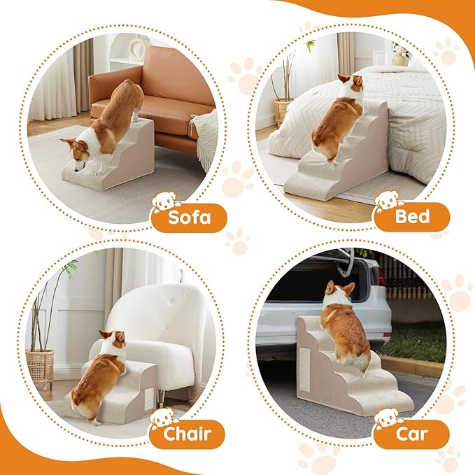 Dogs Steps for Bed, Dog Stairs for Small Dogs, 2-Step Dog Ramp for Bed, Couch, Sofa, and Chairs, Non-Slip Bottom Design, Cat Scratching, High Density Foam Portable Pet Step, Indoor, Beige