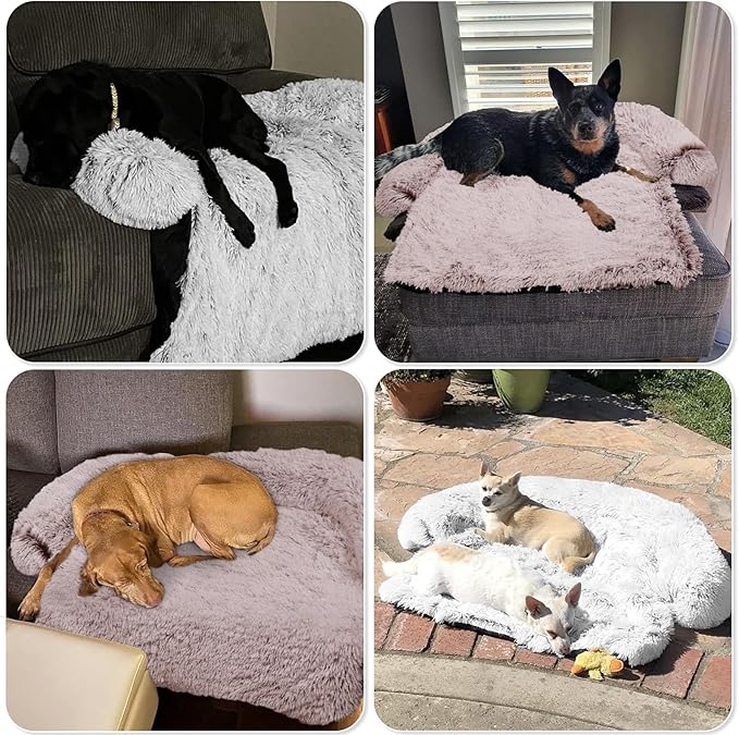 GGIB Calming Dog Bed Fluffy Plush Dog Mat for Furniture Protector with Removable Washable Cover for Large Medium Small Dogs and Cats (Large, Rust White)