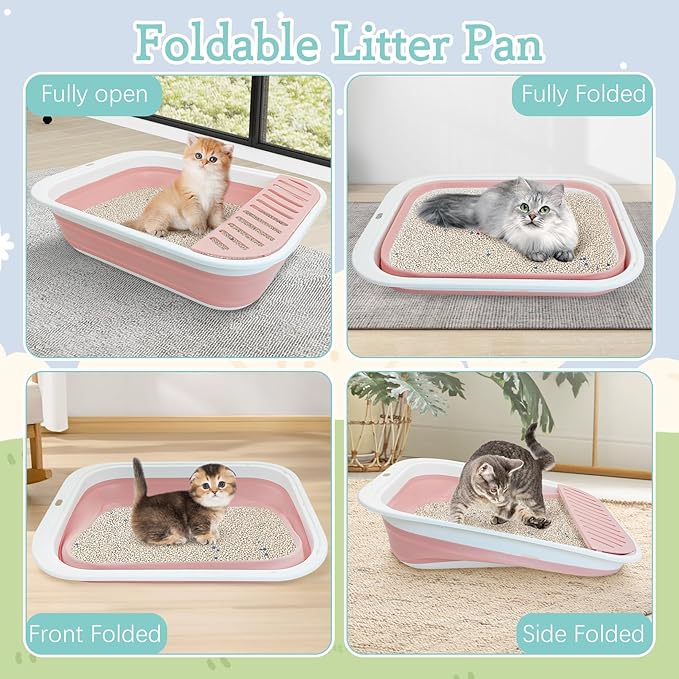 Fhiny Cat Litter Box Portable Shallow Litter Box 17.7"x13.4"x4.9" Foldable Cat Toilet with Scoop Open Kitty Potty Pan with Litter Drop Pedal Easy to Clean Travel Kitten Toilet(Pink)