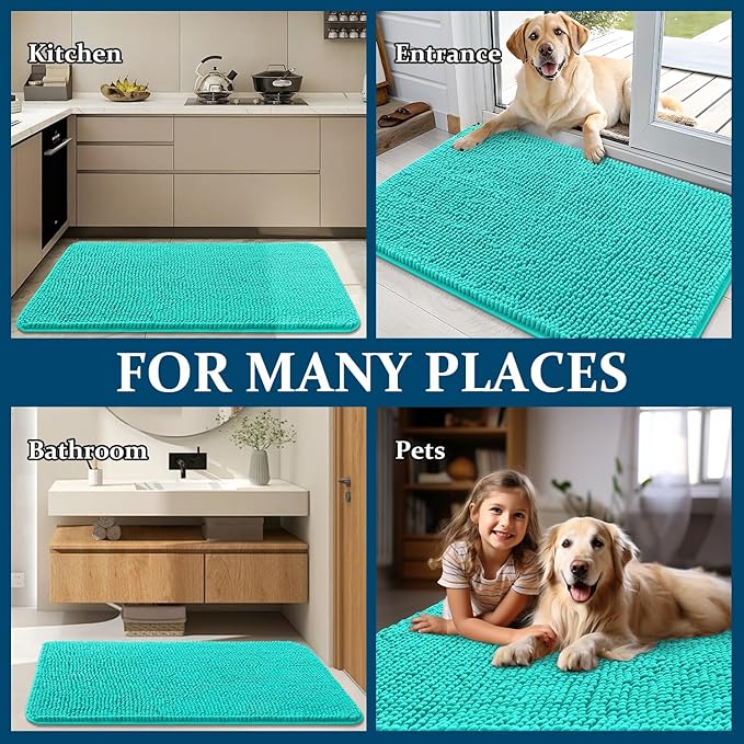 OLANLY Dog Door Mat for Muddy Paws 59x20, Absorbs Moisture and Dirt, Absorbent Non-Slip Washable Doormat, Quick Dry Chenille Mud Mat for Dogs, Entry Indoor Entryway Carpet for Inside Floor, Teal