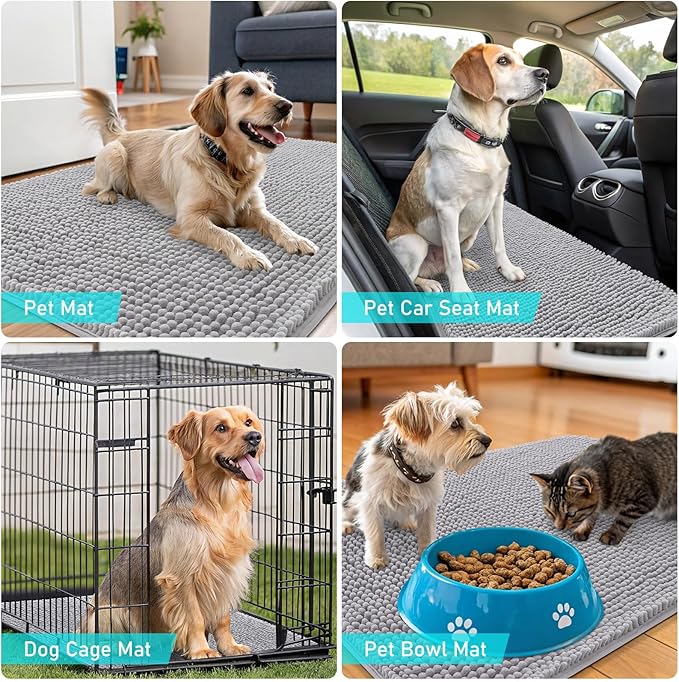 OLANLY Dog Door Mat for Muddy Paws 70x24, Absorbs Moisture and Dirt, Absorbent Non-Slip Washable Doormat, Quick Dry Chenille Mud Mat for Dogs, Entry Indoor Entryway Carpet for Inside Floor, Light Grey