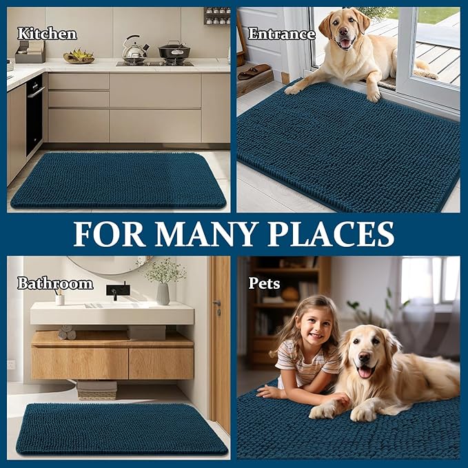 OLANLY Dog Door Mat for Muddy Paws 48x30, Absorbs Moisture and Dirt, Absorbent Non-Slip Washable Doormat, Quick Dry Chenille Mud Mat, Entry Indoor Entryway Carpet for Inside Floor, Atlantic Blue