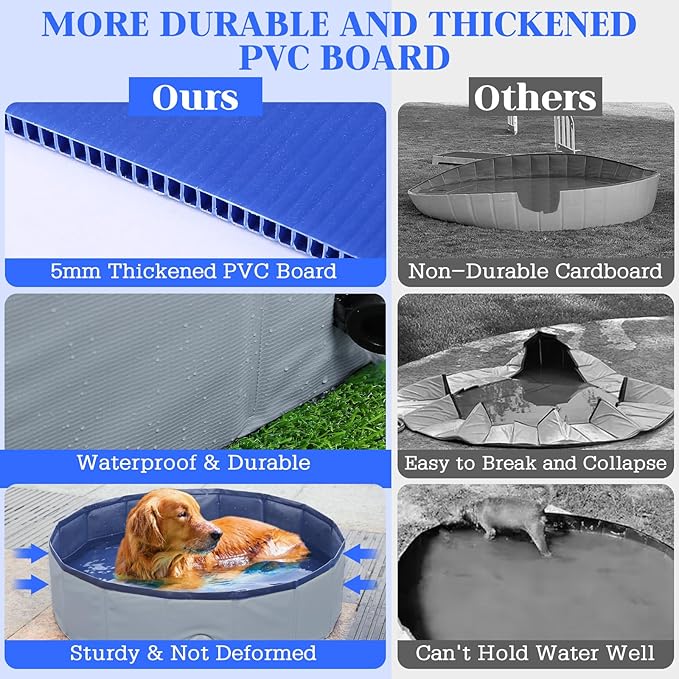 Foldable Dog Bath Swimming Pool Plastic Kiddie Pool Professional Tub Collapsible Grooming Bathtub for Pets Kids Baby and Toddler, 48 x 12 Inches Gray