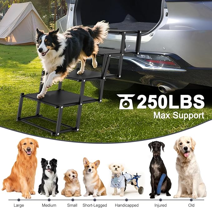 Extra Wide Dog Stairs for Large Dogs, Foldable Dog Ramp for Car with Non-Slip Surface, Lightweight Dog Stairs for Cars, Dog Steps for Cars, SUV, High Beds, Truck, Supports up to 250 lbs, 4 Steps