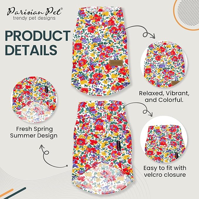 Parisian Pet Floral Dog Shirt - 100% Cotton Summer Clothes - Stylish Beach Outfit - Hook and Loop Closure - Machine Washable - XL