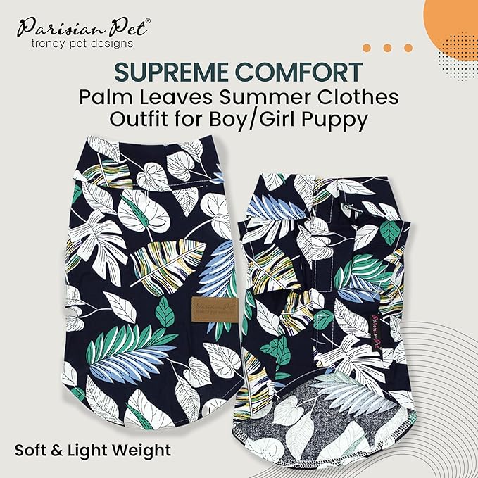 Parisian Pet Palm Leaves Dog Shirt - 100%Cotton Summer Clothes - Stylish Beach Outfit - Hook and Loop Closure - Machine Washable - XL3