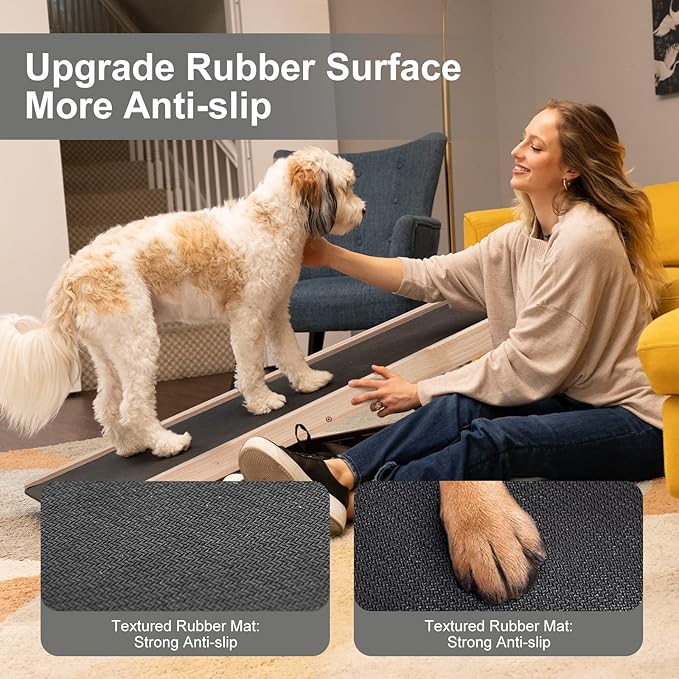 Folding Wooden Dog Ramp for Bed, Couch & Car,45IN Long- 5 Level Adjustable Pet Ramp, Non-Slip Rubber Mat, 17.7'' Extra Wide - Supports Small & Large Senior Dogs & Cats up to 200 lbs