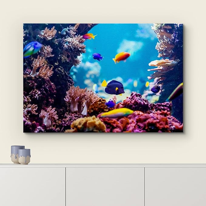 wall26 Canvas Print Wall Art Vibrant Blue Pink Coral Reef Blue Hippo Tang Nature Animals Photography Realism Rustic Scenic Landscape Wilderness Colorful for Living Room, Bedroom, Office - 12"x18"