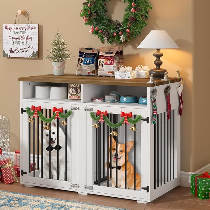 Furniture Dog Crate for 2 Dogs, 41 Inch Dog Kennel Furniture with Removable Divider and Shelf Storage, Wooden Dog Crate for Small/Medium Dogs, White