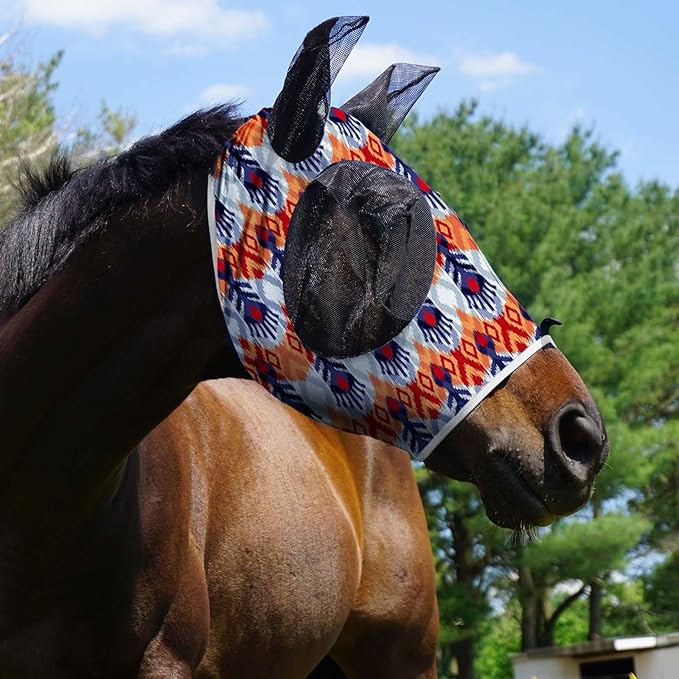 Harrison Howard Super Comfort Stretchy Fly Mask Large Eye Space with UV Protection Soft on Skin with Breathability Tribe Feather Full Size