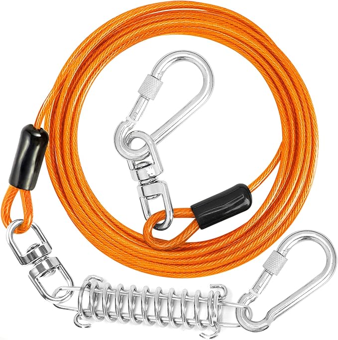 Jenico Dog Tie Out Cable, 10/15/20/30/40/50/70/100/150FT Runner Cable with Swivel Hook and Shock Spring, Yard and Camping Dog Leash Run Tether, Small to Medium Pets Up to 500 LBS