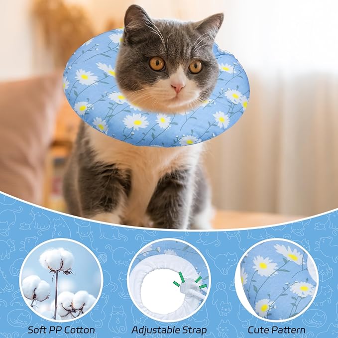 Cat Cone Collar Soft, Adjustable Cat Recovery Collar Kitten Cones to Stop Licking, Cute Donut E Collar After Surgery, Anti-Lick Wound Healing Elizabethan Collar for Kitten (Blue Daisy, Small)