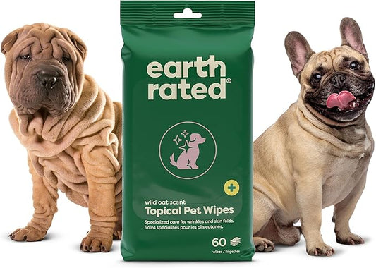 Earth Rated Wrinkle Wipes for Dogs, Perfect for Bulldogs and Pugs, to Cleanse Wrinkles and Folds, Wild Oat Scent, 60 Count
