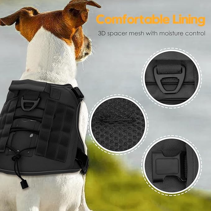 Heavy-Duty Tactical Dog Harness for Large Dogs, No Pull Adjustable Reflective Pet Vest with Molle System, K9 Military-Grade Control for Service Training, Outdoor & 10+ Breeds, Black, X-Large