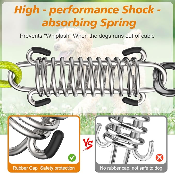 Tresbro 25 FT Dog Tie Out Cable with Spring, Shock Absorbing Tether Chains for Outside Aavilable in 10/15/20/25/30/40/50/70/100/120 FT, Heavy Duty Leads for Yard for Medium & Large Dogs Up to 500 LBS