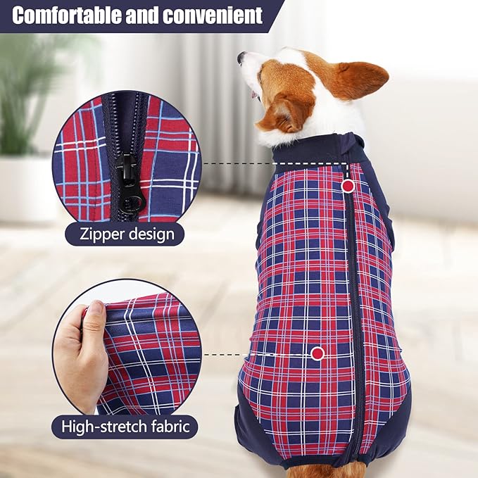 Dog Recovery Suit, Abdominal Wound After Surgery Wear, Anti Licking Bodysuit with Zipper, E-Collar & Cone Alternatives, Plaid Dog Spay Surgical Onesie Prevent Shedding(Medium, Red)