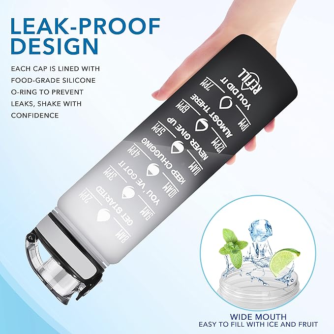 Enerbone Water Bottle, Leakproof BPA & Toxic Free, Motivational Water Bottle with Times to Drink and Straw, Fitness Sports Water Bottle with Strap for Office, Gym, Outdoor Sports