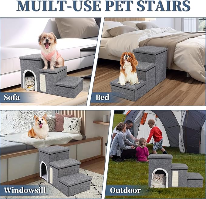 Dog Stairs for High Bed and Couch, 4 IN 1 Foldable Pet Stairs for Cats & Small and Medium Dogs, Adjustable Dog Steps with Pet Climbing Ladders/Cozy Condo/Storage Boxes/Cat Scratcher, Hold Up to 180LBS