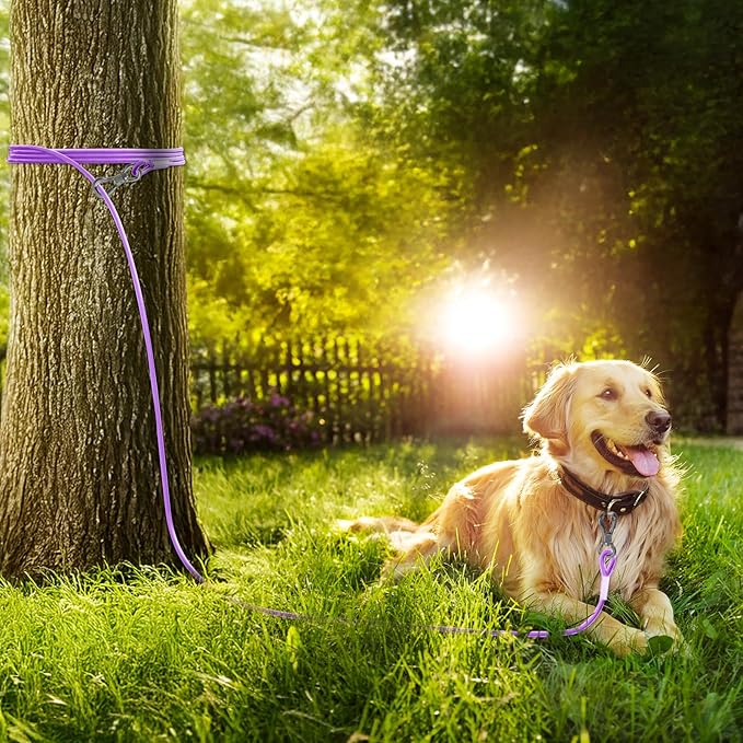 Tresbro 50FT Reflective Tie Out Cable for Dogs Up to 250 Pounds, Steel Wire Lead Leash Cable with Stainless Rotatable Buckle, Lightweight and Enduring, Dog Chains Outside for Outdoor, Yard, Purple