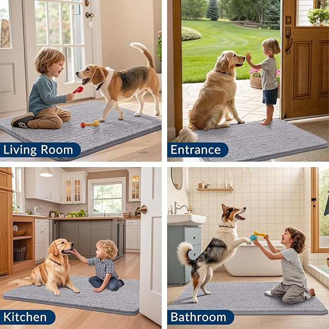 Smiry Dog Door Mat for Muddy Paws 40x32, Absorbs Moisture and Dirt Doormat, Non-Slip Washable Quick Dry Chenille Front Door Mat Indoor Entrance, Entryway Carpet for Inside Floor, Light Grey