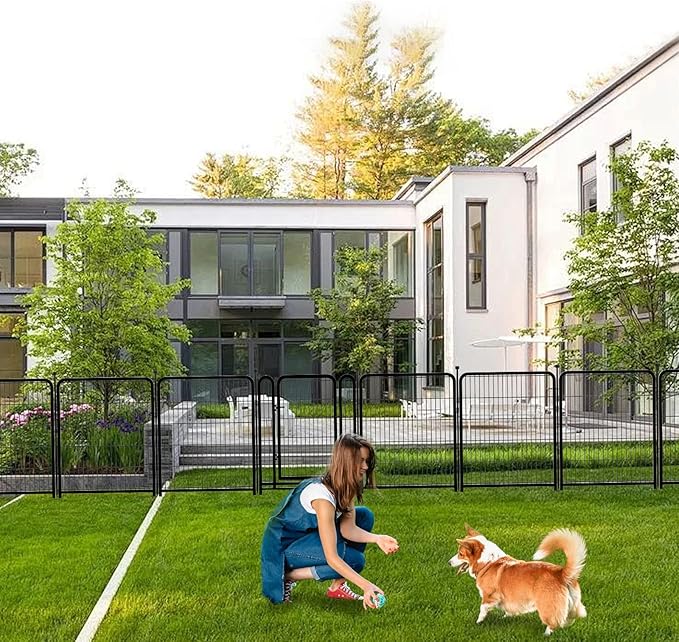 56 in(H) Decorative Garden Fence Panels, Wide Door Low Threshold, Dog Fence Outdoor for Yard. 10 Panels Total 22.1 Ft(L)，No Dig Fencing for Dogs, Black
