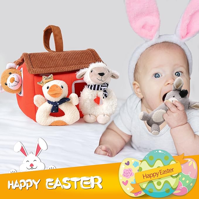iPlay, iLearn Baby Toys 3 6 12 Month Newborn Gifts, Infant Soft Farm Stuffed Animal Rattles Plush Barn, Boy Girl Stuff, Shower Basket Stuffer, Sensory Hand Development Toy 0 2 4 7 9M 1 Yr - Farm