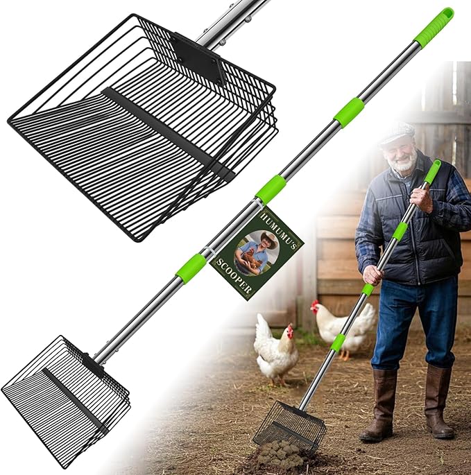 12inch Large Chicken Poop Scooper，2 Widths of Slots Litter Sifting Shovel （23 to 66"），Chicken Coop Litter Scoop with Stainless Steel Handle, 4 in 1 Multifunctional Heavy Duty Chicken Coop Accessories