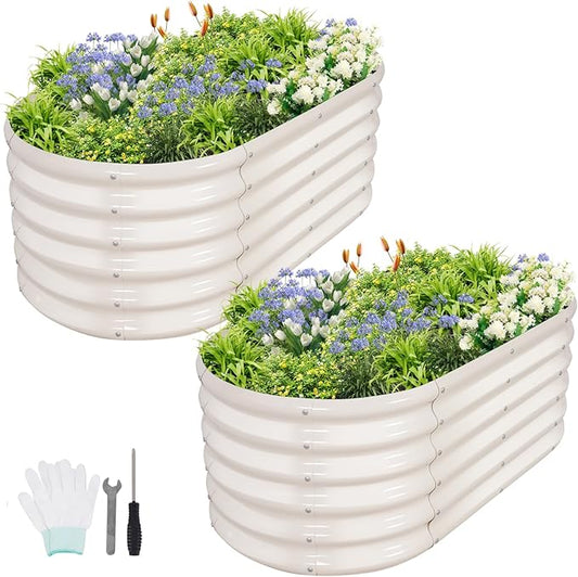 Galvanized Raised Garden Bed Outdoor- 2 Pcs Raised Beds for Gardening| Metal Planter Box, Steel Raised Garden Bed Kit with Gloves for Vegetables, Flower, Herbs (4x2x1.4FT, White)