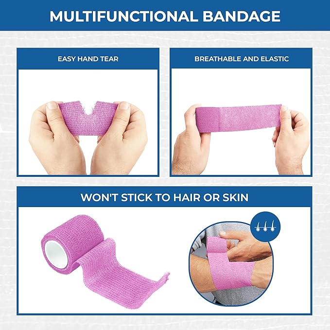 Self Adhesive Bandage Wrap - Pack of 24, Assorted Colors, Non-Woven, Breathable & Water-Resistant Vet Wrap for First Aid, Sports Injury, Body Sprains, & Pets - 2 Inch x 5 Yards