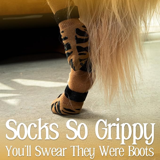 DOK TigerToes Premium Non-Slip Dog Socks for Hardwood Floors - Extra-Thick Grip That Works Even When Twisted - Prevents Licking, Slipping, and Great for Dog Paw Protection (Cool Caramel, Small)