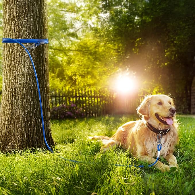 Tresbro 70FT Reflective Tie Out Cable for Dogs Up to 250 Pounds, Steel Wire Lead Leash Cable with Stainless Rotatable Clip, Lightweight and Enduring, Dog Lead Chains for Outside,Yard,Camping, Blue