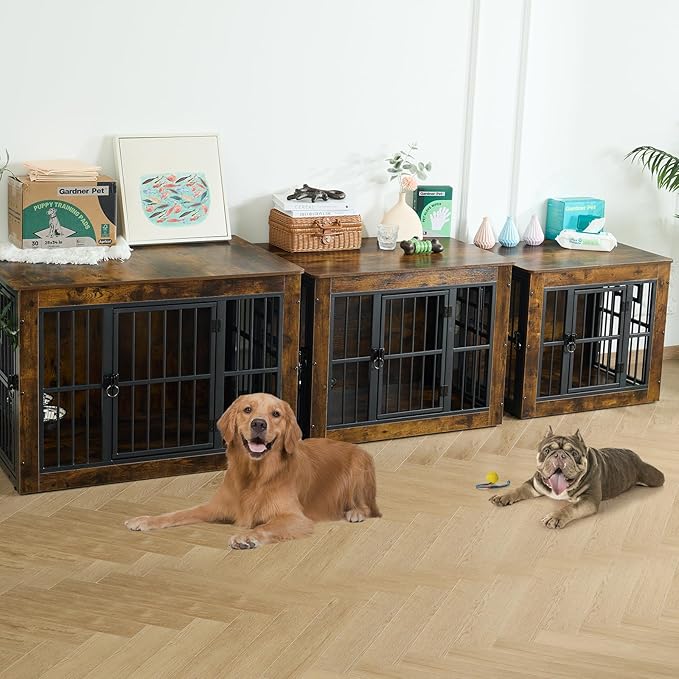 Gardner Pet Dog Crate Furniture for Medium Dogs, 32.7 Inch Dog Kennel Indoor, Wooden Dog Cage End Table with 2 Removable Bowls, Heavy Duty Dog Crate, Rustic Brown