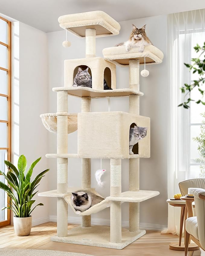 Globlazer Cat Tree Tower, 76-Inch Extra Tall Multi-Level Cat Furniture with Cozy Condos, Hammock and Perches for Adult Cats, Perfect for Climbing, Scratching, and Play, F76, Beige