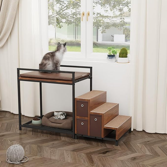 Dog Window Perch, Pet Bunk Bed with Multi-Level Platform, Non-Slip Cat Window Perch with Stroage Drawers, Dog Perch to Look Out Window, Wooden Steps for Small, Large Sized Dogs and Cats