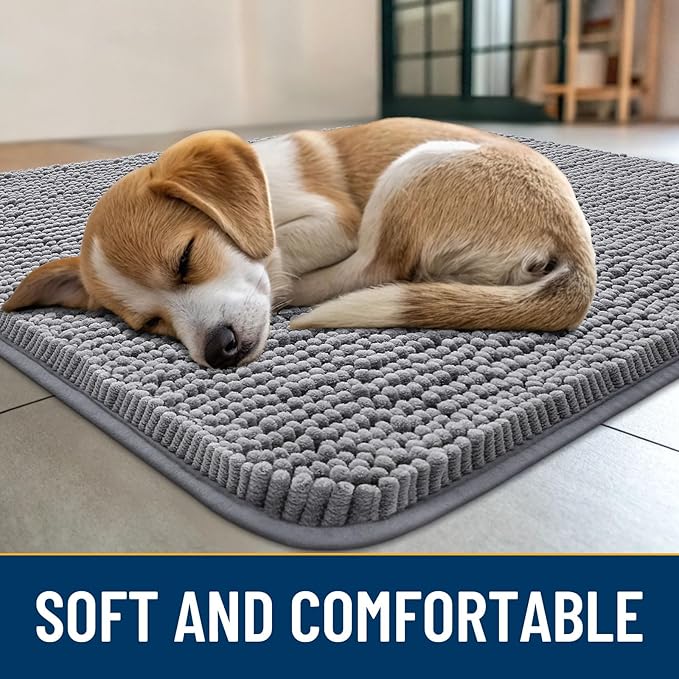 Smiry Dog Door Mat for Muddy Paws 47x24, Absorbs Moisture and Dirt Doormat, Non-Slip Washable Quick Dry Chenille Front Door Mat Indoor Entrance, Entryway Carpet for Inside Floor, Grey