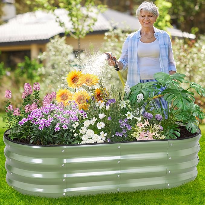 Galvanized Raised Garden Bed Outdoor - 4×2×1ft Planter Raised Beds for Gardening | Oval Metal Garden Planter Box with Safety Edging and Gloves for Vegetables Fruits and Flowers OliveGreen