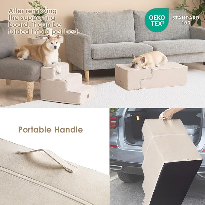 EHEYCIGA Dog Stairs for Bed 18" H, 4-Step Dog Steps for High Bed, Pet Steps for Small Dogs and Cats, Non-Slip Balanced Pet Ramp Indoor, Beige