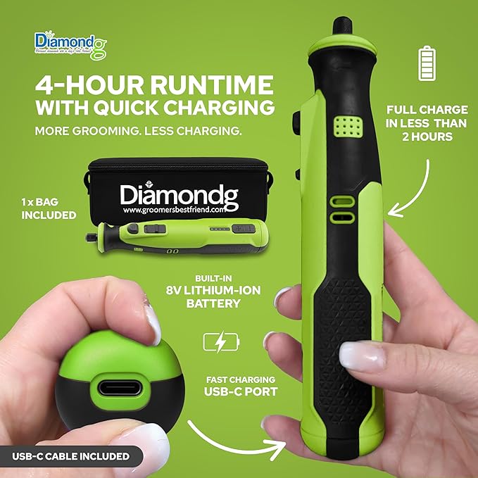Diamondg Cordless Dog Nail Grinder with Quiet Sound & LED Tip for Large & Small Dogs, 4hrs. Runtime - Electric Dog Nail Trimmer, Heavy Duty Rotary Tool Alternative to Toenail Clippers & Filers