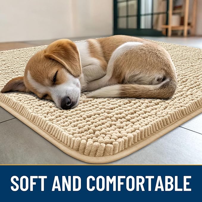 Smiry Dog Door Mat for Muddy Paws 47x24, Absorbs Moisture and Dirt Doormat, Non-Slip Washable Quick Dry Chenille Front Door Mat Indoor Entrance, Entryway Carpet for Inside Floor, Beige
