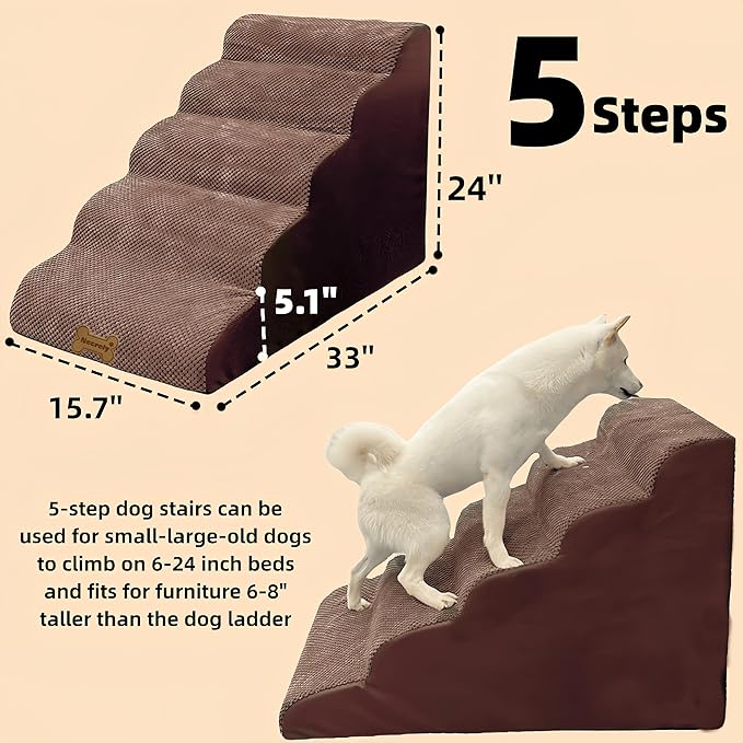 Dog Stairs & Pet Ramp for Small/Large Dogs to High Beds/Couches - 5 Steps 24-inch Height for 18-30 inch Furniture, 2 Washable Covers (Brown, Grey), Non-Slip Balanced 33D Design for Old Dogs & Cats