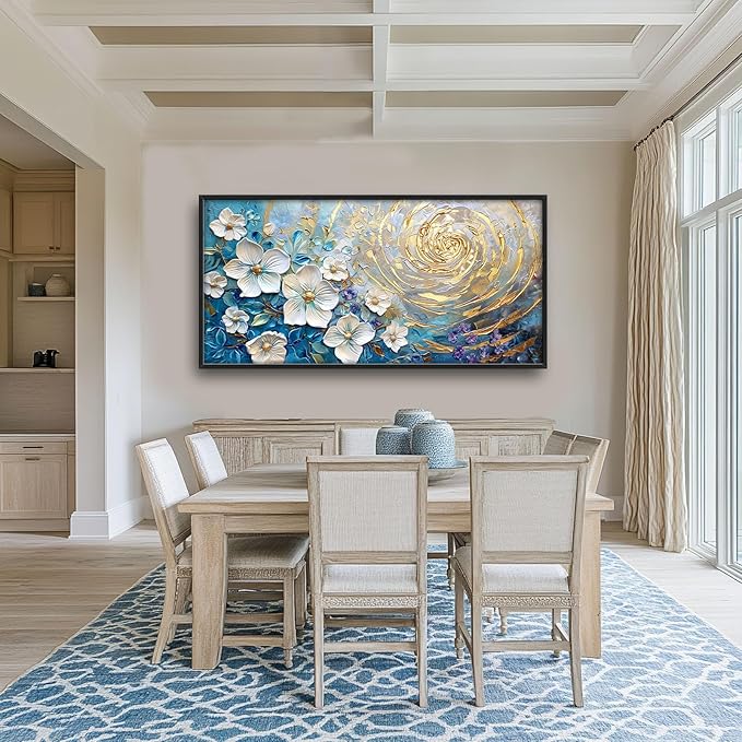 Flower Large Wall Art White Floral Pictures Abstract Golden Spiral Texture Wall Decor Canvas Print Painting Artwork for Bathroom Living Room Bedroom 60L" x 30W"