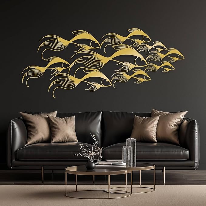 School of Fish Metal Wall Art, Metal Fish Wall Decor, Sea Life Wall Art, Large Nautical Wall Hanging, Modern Beach House Wall Decor, Ocean Themed Artwork for Bathroom (Gold, 48"x20" | 121x51cm)